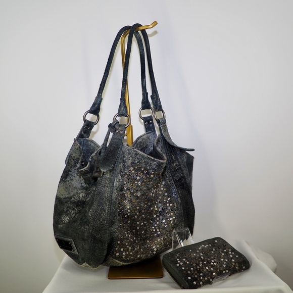 RARE Frye Deborah Studded Slate Gray Leather Bag + Matching Zip Wallet - Picture 3 of 15